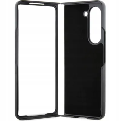A black phone case is shown laid out on a white background.