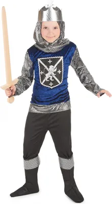 A child wearing a knight costume, holding a toy sword.