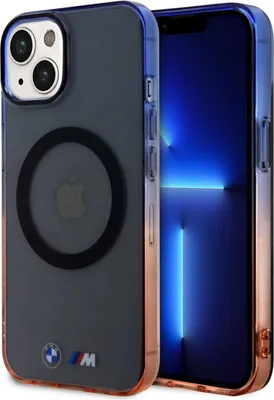 A close-up shot of an iPhone 15 with a BMW M collection case, showcasing the gradient design and MagSafe ring.