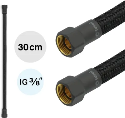 A product shot of a flexible hose with connectors, along with text indicating its specifications.