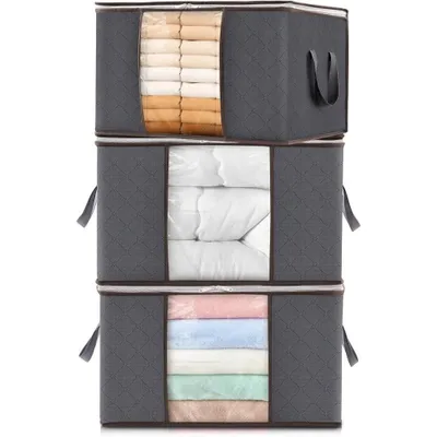 Image de 3 grands sacs de rangement 90 L Sacs de rangement pliables Boîtes à vêtements pliables, organiseur d'armoire, sac de rangement, avec fenêtre transparente