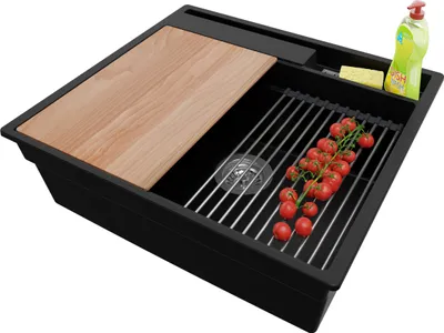 Produktbild von PRIMAGRAN Spülbecken Schwarz 58x53cm, Granitspüle 1 Becken + Ablauf-Set + Küchenzubehörset, Küchenspüle ab 60er Unterschrank - Oslo Pocket