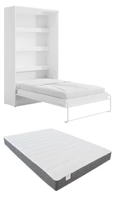 Produktbild von Kleiderschrank einziehbares Bett 120 × 200 cm - Manuelle vertikale Öffnung - LED-Beleuchtung - Weiß + Matratze - RAPILI