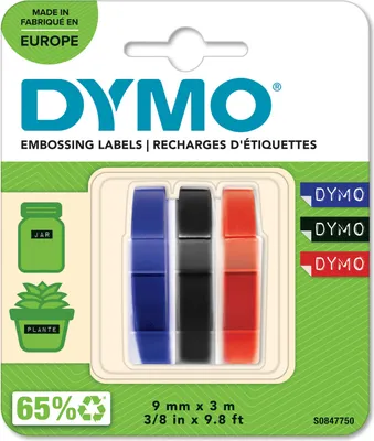 Produktbild von DYMO Original Prägeband | 3D schwarz | blau & rot | 9 mm x 3 m | selbstklebendes Kunststoff Etikettenband | für Junior & Omega Beschriftungsgerät | 3 Stück