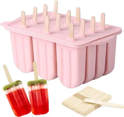 Produktbild von Silikon-Eisform für Stieleis, BPA-frei, wiederverwendbare Eisformen mit 50 Holzstäbchen (Pink)