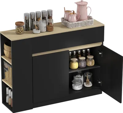 Produktbild von HOMCOM Sideboard, Aufbewahrungsmöbel mit 2-türigem Schrank, verstellbarem Einlegeboden, 2 Schubladen und 3 offenen Regalfächern, 110 x 29,5 x 82 cm, für Esszimmer, Wohnzimmer und Küche, schwarz