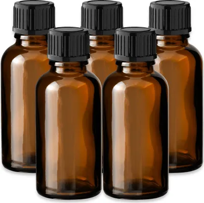 Produktbild von 5x Glasflasche Braun 30 ml mit schwarzem Kunststoff Schraubverschluss