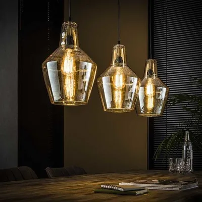 Image de Suspension industrielle à 3 lampes, ambre et argent