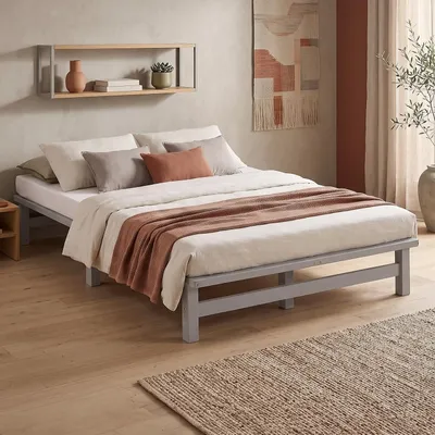Produktbild von Homestyle4u Holzbett 120x200 mit Lattenrost Futonbett Jugendbett Palettenbett Grau, KI-generiertes Bild