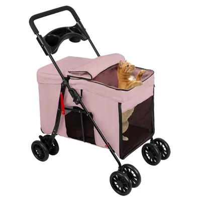 Image de Poussette pour chien Cage pour chien Poussette pliable pour chat avec fenêtres en filet Rose