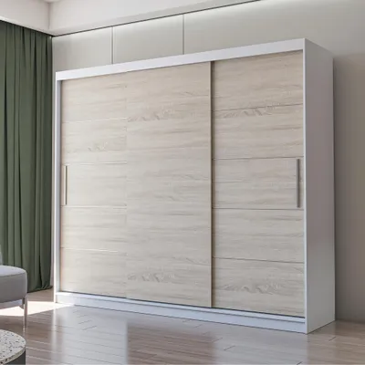 Produktbild von Schwebetürenschrank Alba 250 cm Weiß/Sonoma, ohne Spiegel und LED.