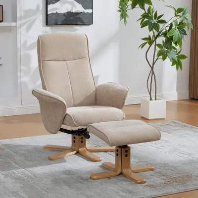 Immagine prodotto di okwish: poltrona girevole multifunzionale, poltrona relax con poggiapiedi e braccioli, moderna poltrona da lettura, base in legno massello con supporto in metallo, tessuto in ciniglia, adatta per piccoli appartamenti, color taupe