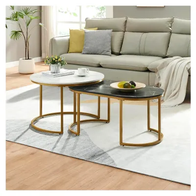 Produktbild von Couchtisch 2er Set Beistelltisch Wohnzimmertisch mit Metallgestell in Marmoroptik, schwarz-weiß/Gold