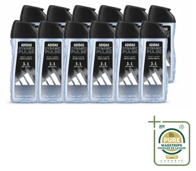 Imagen del producto de 12 unidades de gel de ducha Adidas Dynamic Pulse 3 en 1, 250 ml, pack ahorro