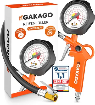 Immagine prodotto di Gakago Gonfiaggio pneumatici Gonfiaggio preciso con manometro ad aria compressa di alta qualità da 0 a 12 bar Tubo di gonfiaggio pneumatici extra lungo da 45 cm Versatile manometro per auto camion bicicletta