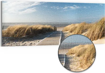 Produktbild von DEQORI Hybrid Leinwand Bild 125x50 cm 'Strandaufgang am Meer' Wandbild Glas flach modern