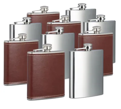 Produktbild von 10x Flachmann 200 ml, 5 Taschenflaschen mit Kunstleder Hülle, 5 kleine Flachmänner aus Edelstahl, für unterwegs, silber