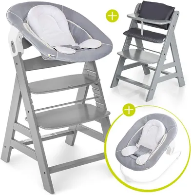 A collage showing a baby high chair with a newborn insert, a separate high chair with a tray, and a newborn bouncer seat.