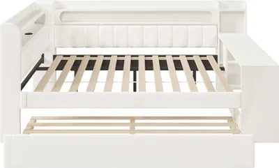 Produktbild von Flieks Jugendbett 140x200cm mit Led und Usb, Tagesbett Doppelbett mit Regal, Holzbett Kinderbett mit Schreibtisch und Ausziehbett, Weiß