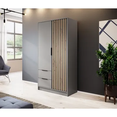 Produktbild von Zweitüriger Kleiderschrank NELA mit Lamellen 105 cm- Spiegel: nein, Grau / grau + Artisan Eiche