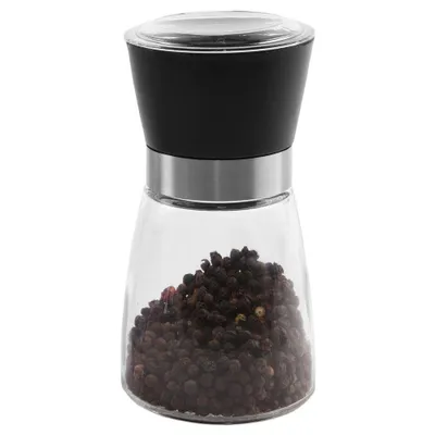 A manual pepper grinder filled with peppercorns, shown against a white background.
