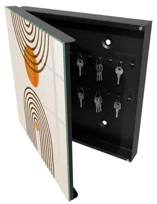 Produktbild von Schwarzer Metall-Schlüsselkasten, 30 x 30 cm – Schlüsselkasten zur Wandmontage mit Tür – Schlüsselkasten mit nach links öffnender Tür – praktischer Aufbewahrungsort für Schlüssel zu Hause – Retro-Geometrie, KI-generiertes Bild