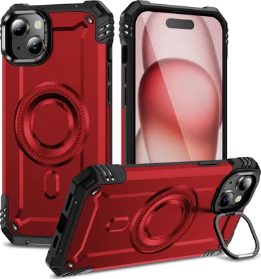 Produktbild von Magnetisch Hülle für iPhone 15, Heavy Duty Militärischer Stoßfest Handyhülle Kamera-Ringständer Rot