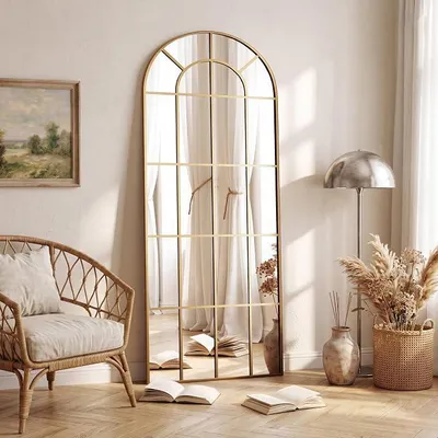 Imagen del producto de Espejo de cuerpo entero, forma arqueada, 76 x 180 cm, color dorado, marco de metal con soporte