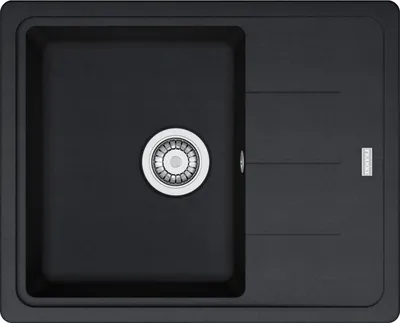 A top-down view of a black kitchen sink with a silver drain.
