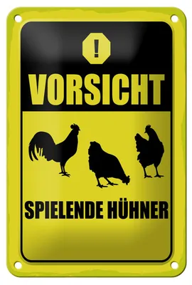 Produktbild von Blechschild Vorsicht spielende Hühner gelb, 30x20 cm, Blechschilder Spruch Hühner Tier Ei