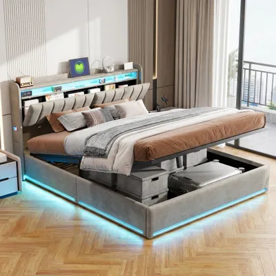 Image de Lit rembourré NONEFT, 140 x 190 cm, lit double avec éclairage LED et port USB, lit box à l'hydraulique avec espace de rangement et sommier à lattes, en velours, couleur gris