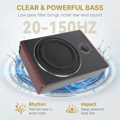 Produktbild von Auto Subwoofer - Aktiver Unter-Sitz Subwoofer 20 cm - Slim Kompaktgehäuse 29×21,8×7,2 cm - Integrierter Verstärker 12 V - 50–150 Hz - Schwarz