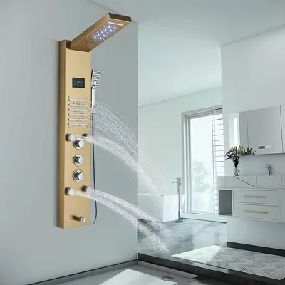 Produktbild von Duschpaneelsystem LED Wasserfall Duschkopf Regenmassagesystem mit Körperdüsen Duschturm Edelstahl-Badezimmer-Duscharmatur mit 6 Funktionen Wandmontage Komplette Duschsäule, Gold