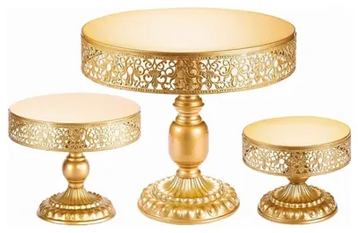 Imagen del producto de 3 soportes dorados para pasteles, decorativos, de hierro, reutilizables, desmontables y estables, ideales para servir cupcakes en fiestas