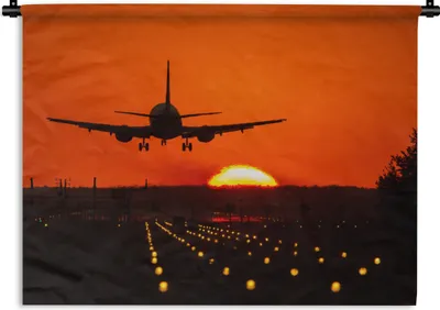 Produktbild von MuchoWow® Wandteppich Wandbehang Sonnenuntergang - Flugzeug - Orange - Sonne 60x45 cm Tapisserie Dekoration Wandtuch - Das Schlafzimmer