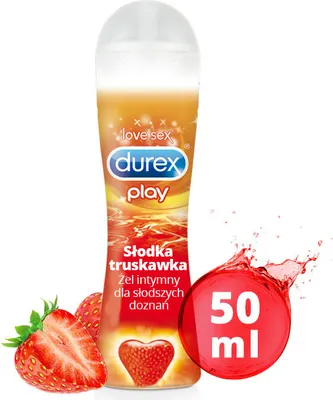 A bottle of Durex Play Sweet Strawberry intimate gel with strawberries and a splash of liquid.