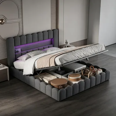 Immagine prodotto di Letto imbottito INONEFT 180x200 cm con LED, letto per ragazzi, letto matrimoniale con rete a doghe/spazio contenitore, letto con spazio contenitore e boxspring, letto con spazio contenitore, tessuto in lino, colore grigio