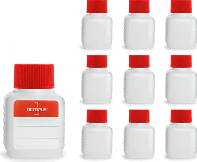 Produktbild von 10 Plastikflaschen 50 ml mit roten Deckeln (leer)