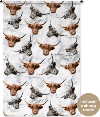 Produktbild von MuchoWow® Wandteppich Wandbehang Schottisches Hochlandrind - Marmor - Muster 120x180 cm Tapisserie Dekoration Wandtuch - Schlafzimmer - Dekorationen für das Haus