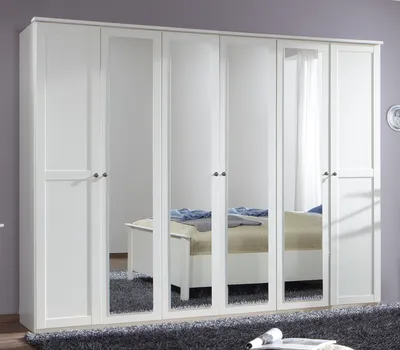 Produktbild von Drehtürenschrank "Chalet" in WEISS mit 6 Türen und 3 Einlegeböden. Abmessungen (BxHxT) 270x210x58 cm