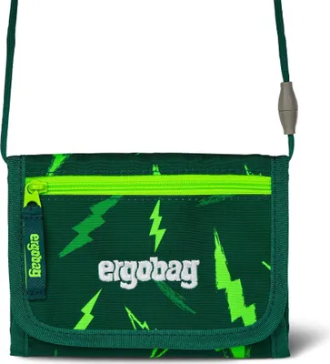 A dark green wallet with a lightning bolt pattern and a lime green zipper, shown against a white background.