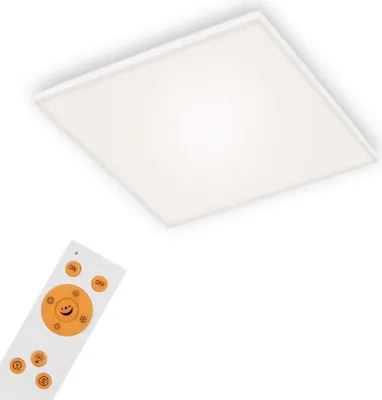 A white LED panel light and its remote control are shown against a white background.