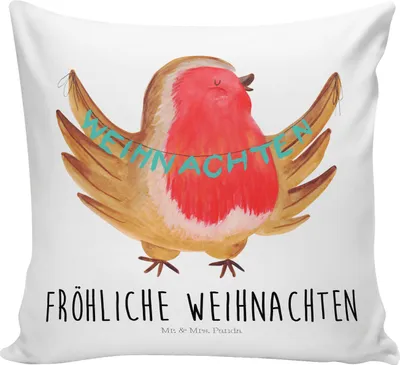 Produktbild von Mr. & Mrs. Panda kissen für couch Rotkehlchen Weihnachten - Weiß - Geschenk, Weihnachtsgruß, Heiligabend, Deko, kuschelkissen 40x40, Vogel, Lounge, Winter, Dekokissen