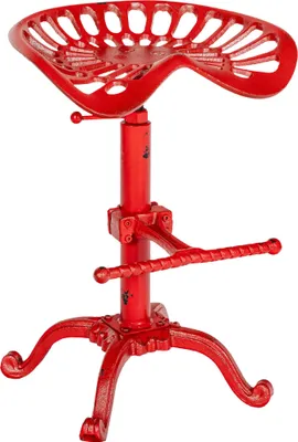 A red tractor seat bar stool on a white background.