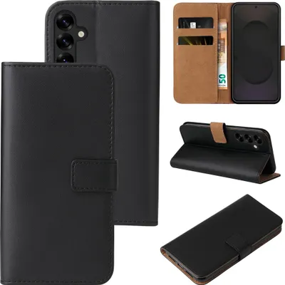 Collage of images showing a black flip phone case for a Samsung Galaxy S25 FE, including interior card slots and a stand feature.