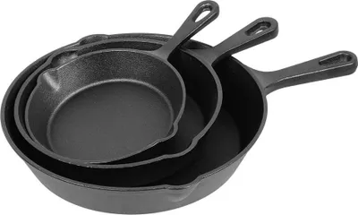 Produktbild von Gusseisen-Bratpfannen-Set – 3 vorgewürzte, antihaftbeschichtete, robuste Bratpfannen