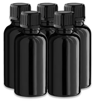 Produktbild von 5x Glasflasche schwarz 30 ml mit schwarzem PP Schraubverschluss leer