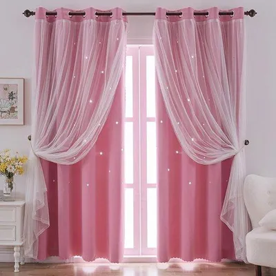 Zdjęcie produktu dla Zasłona do pokoju dziecięcego z podwójnej warstwy tkaniny i firanki - różowa - 2 sztuki - 134x244 cm - wzór w gwiazdki
