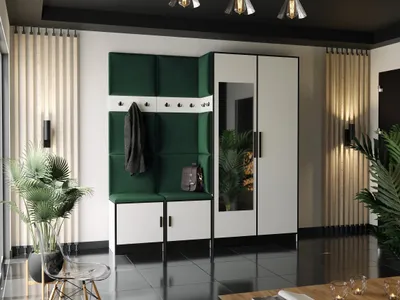 Produktbild von KIER FURNITURE Garderobe mit Sitzfläche Roj21 - 211,2x205x39cm Weiß + Stoff Grün