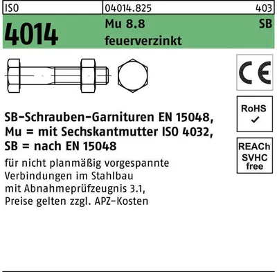 Produktbild von Reyher  6kt.-schraubengarn. SB ISO4014 8.8U CE Mu M20x130 tZn (25 Stück)
